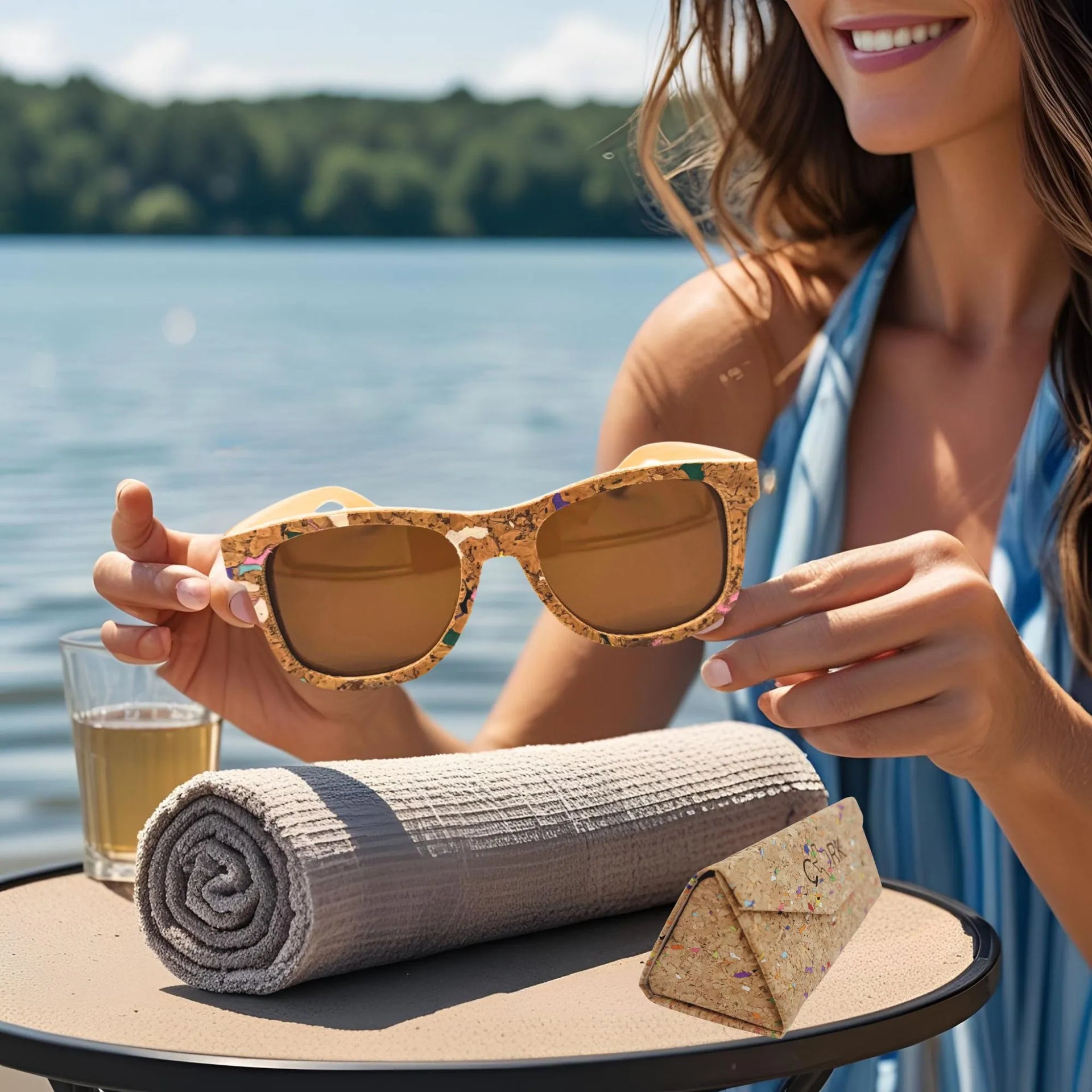 Cork & Bamboo Sunglasses and triangular hard glasses case.