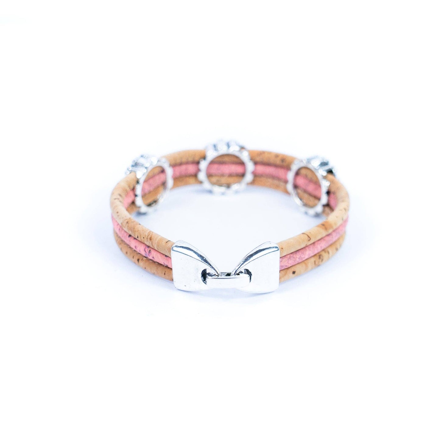 Back snap clasp closure cork bracelet with chrysanthemum accents from Texas Cork Company