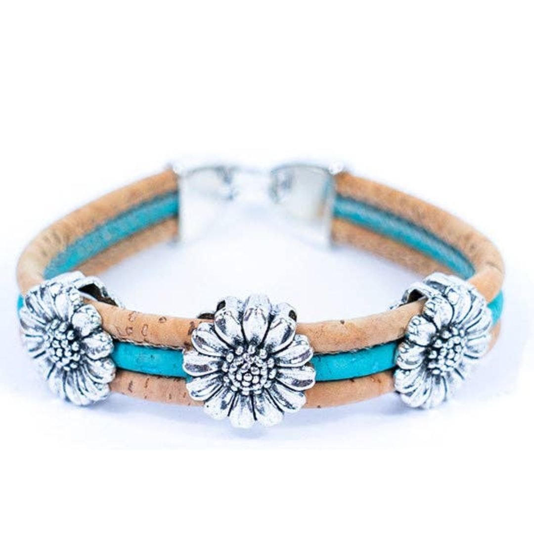Front of blue cork bracelet with chrysanthemum accents from Texas Cork Company