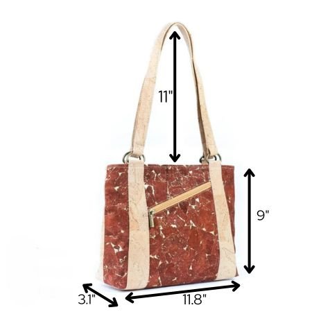 Vegan Cork Shoulder Bag with measurements on a white background