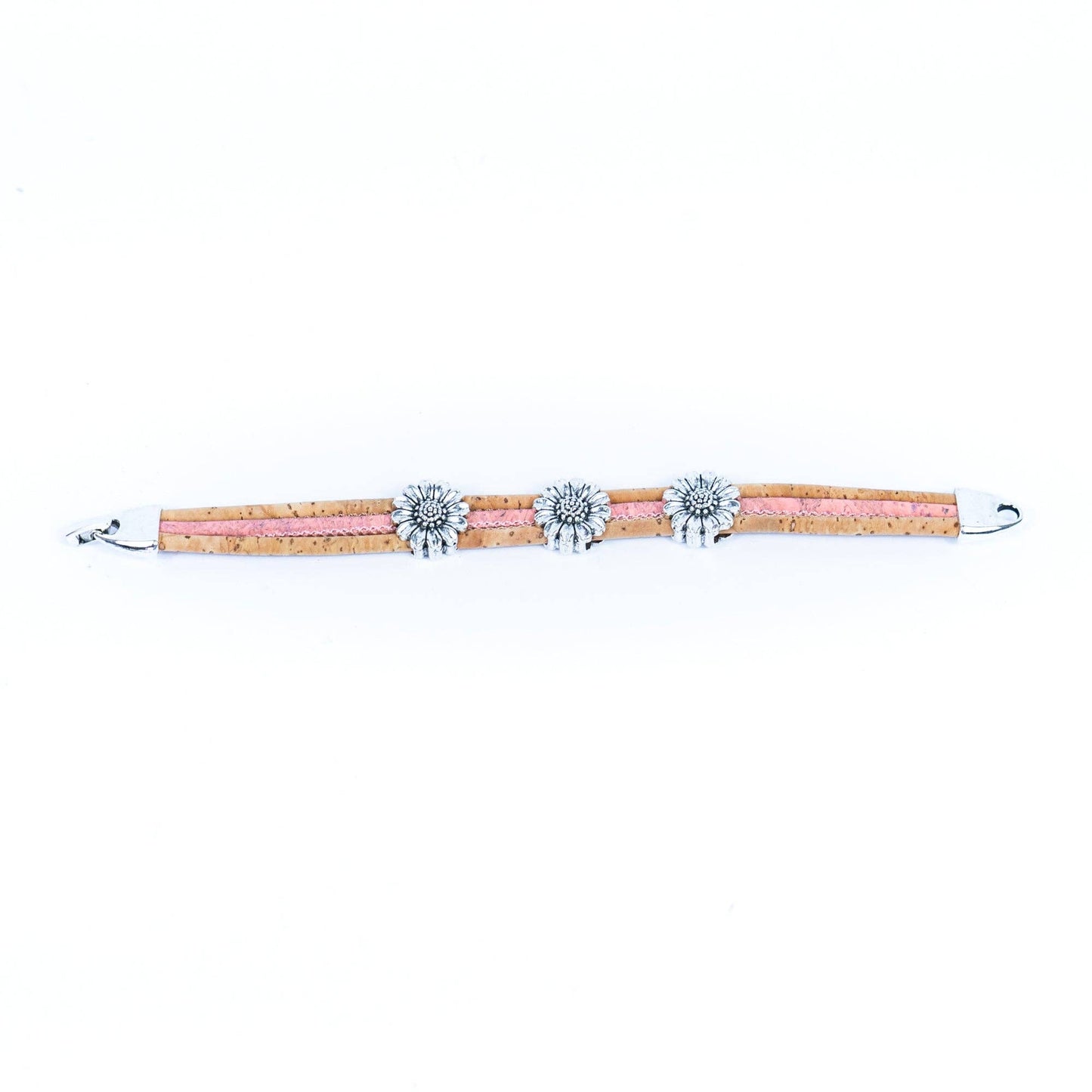 Cork bracelet with chrysanthemum accents layed out flat from Texas Cork Company