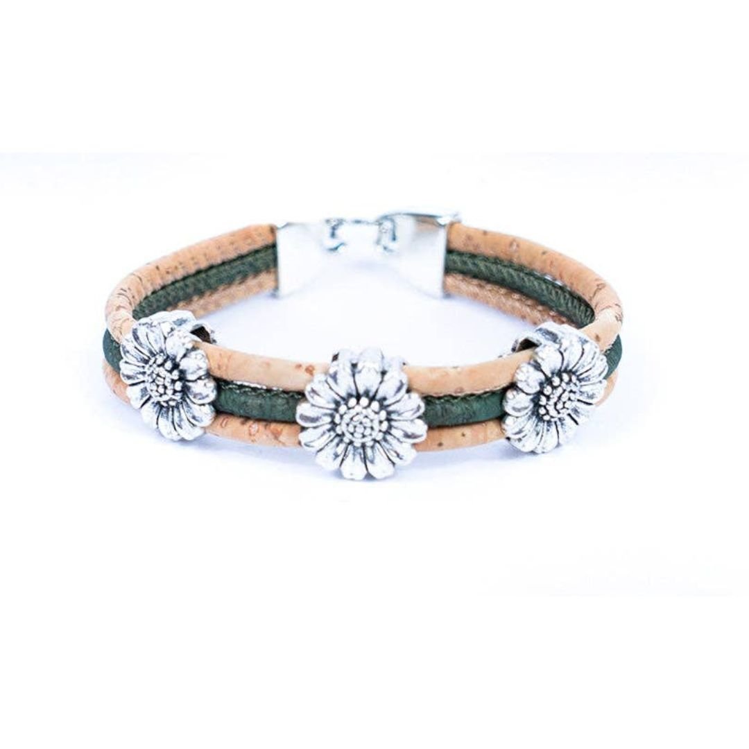 Front of green cork bracelet with chrysanthemum accents from Texas Cork Company