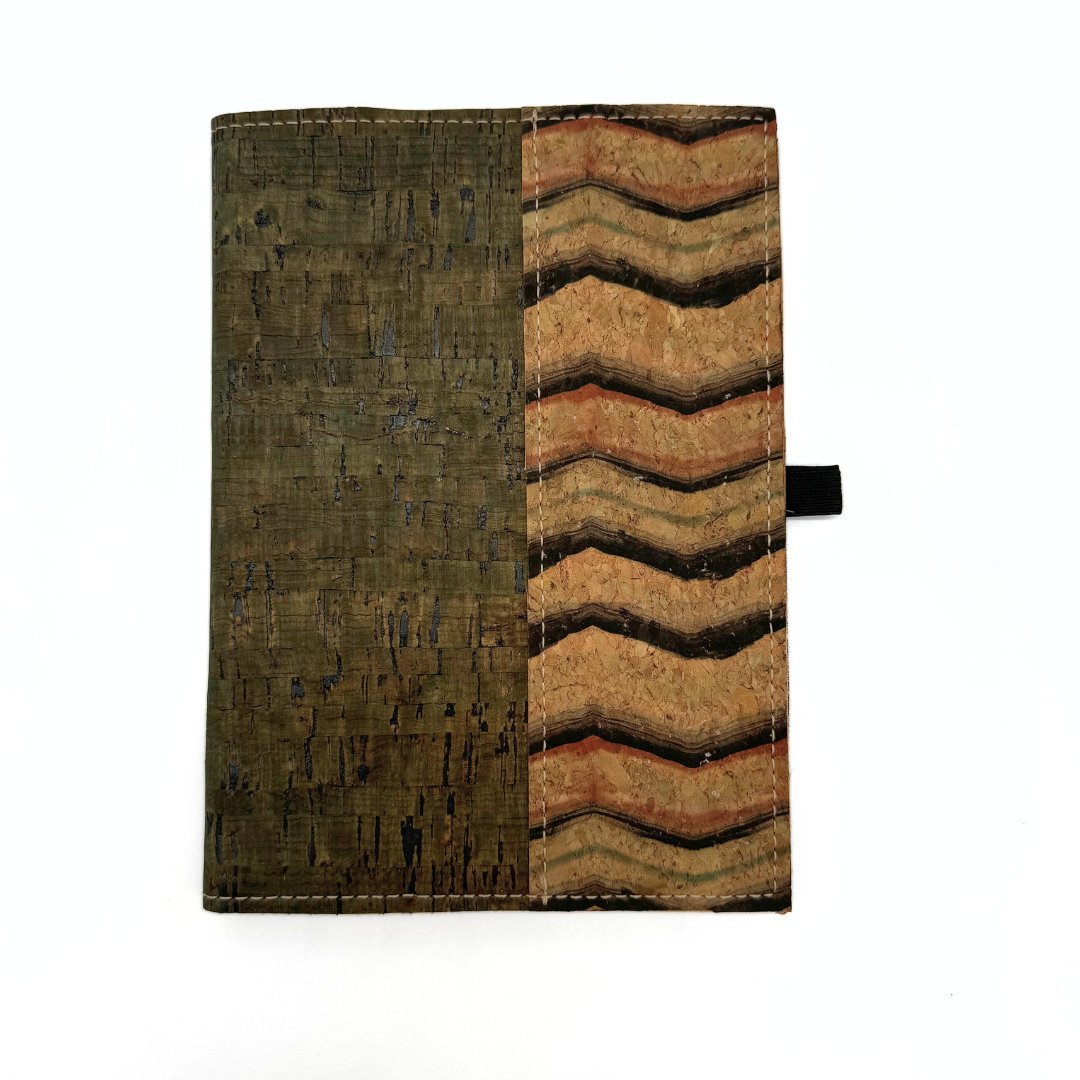 Cork Leather Notebook Cover - Green with green waves right border