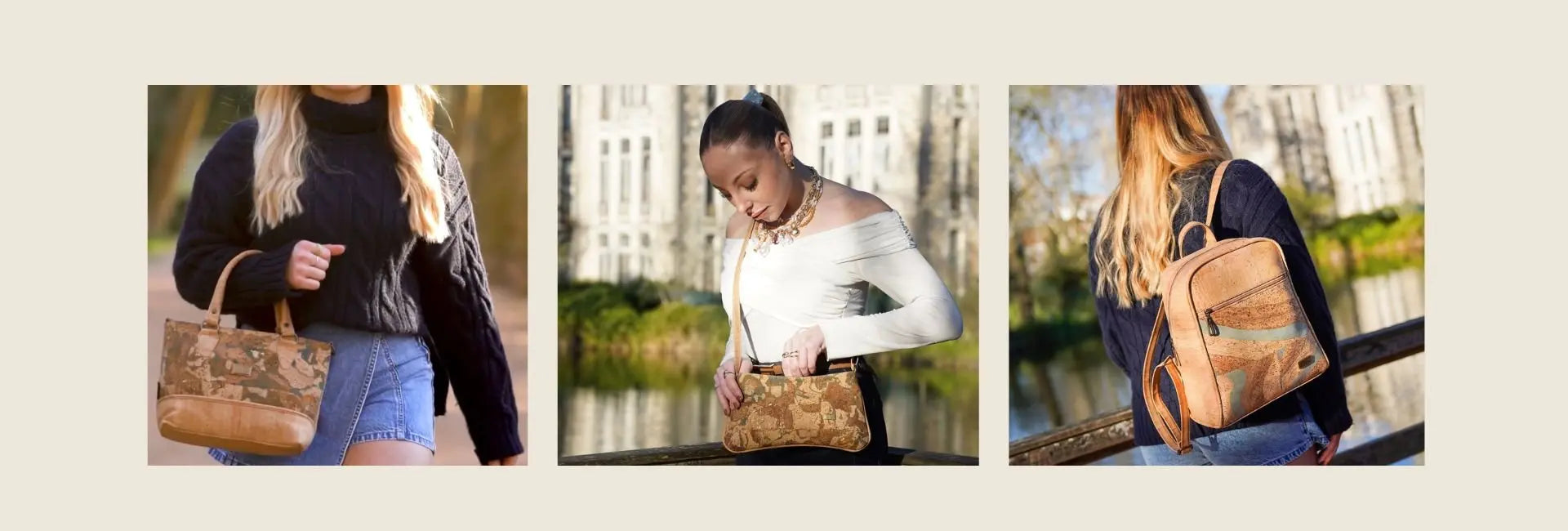 Three women carrying cork bags.