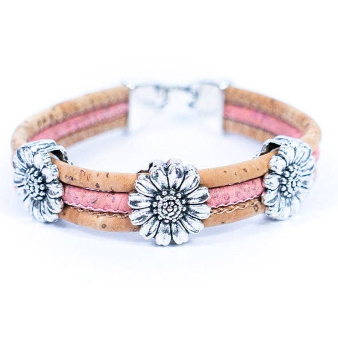 Front of pink cork bracelet with chrysanthemum accents from Texas Cork Company