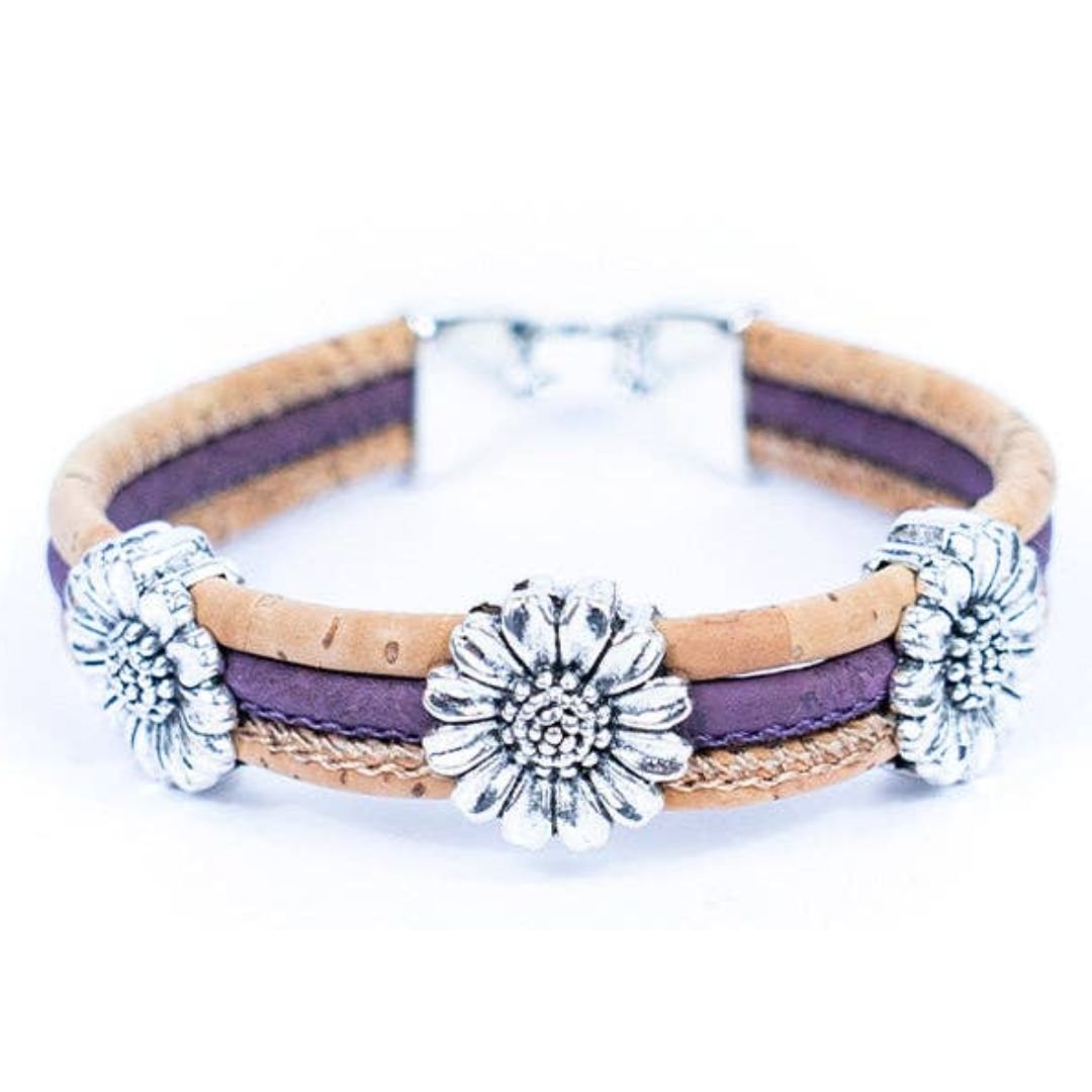Front of purple cork bracelet with chrysanthemum accents from Texas Cork Company