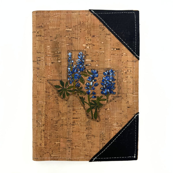 Hand-Painted Cork Leather Notebook Cover with Refillable Notepad - Texas Bluebonnets with black corners