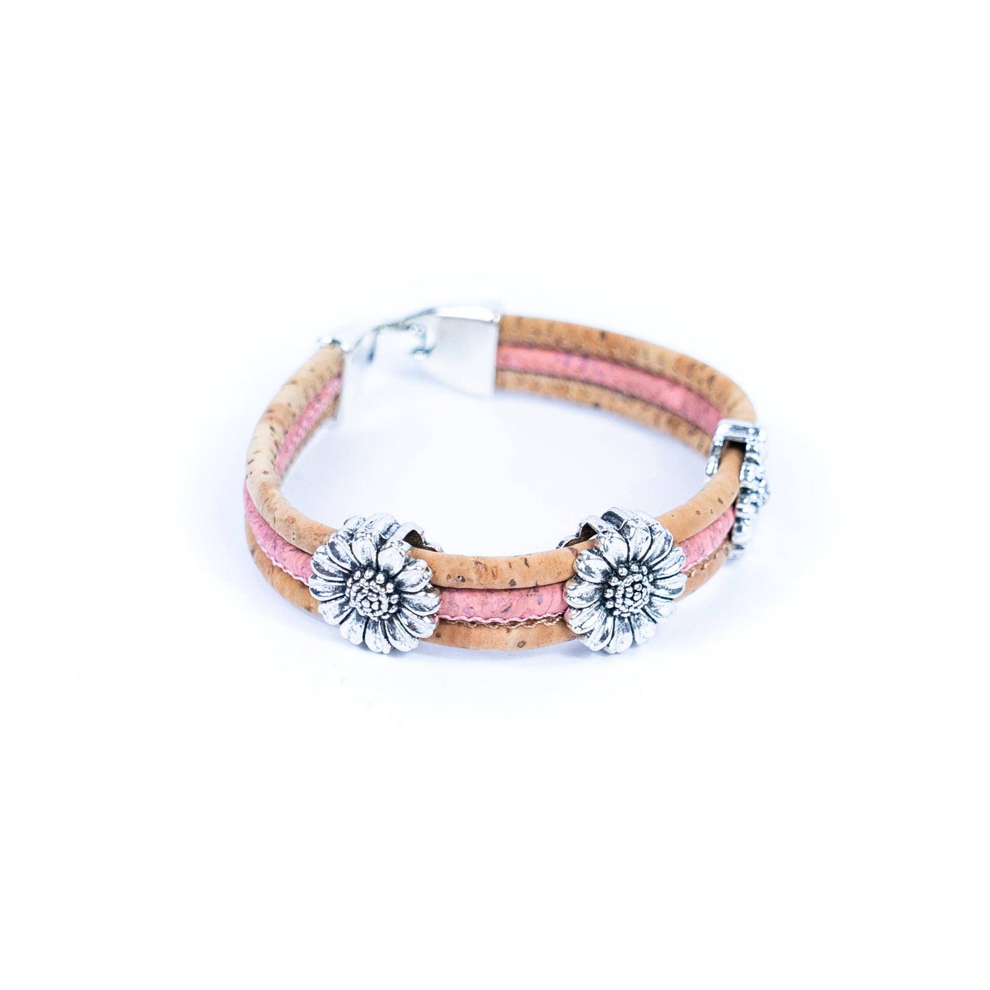 Top and side of cork bracelet with chrysanthemum accents from Texas Cork Company