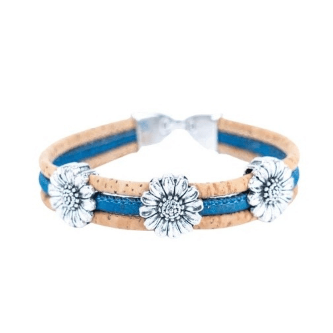 Front of turquoise cork bracelet with chrysanthemum accents from Texas Cork Company