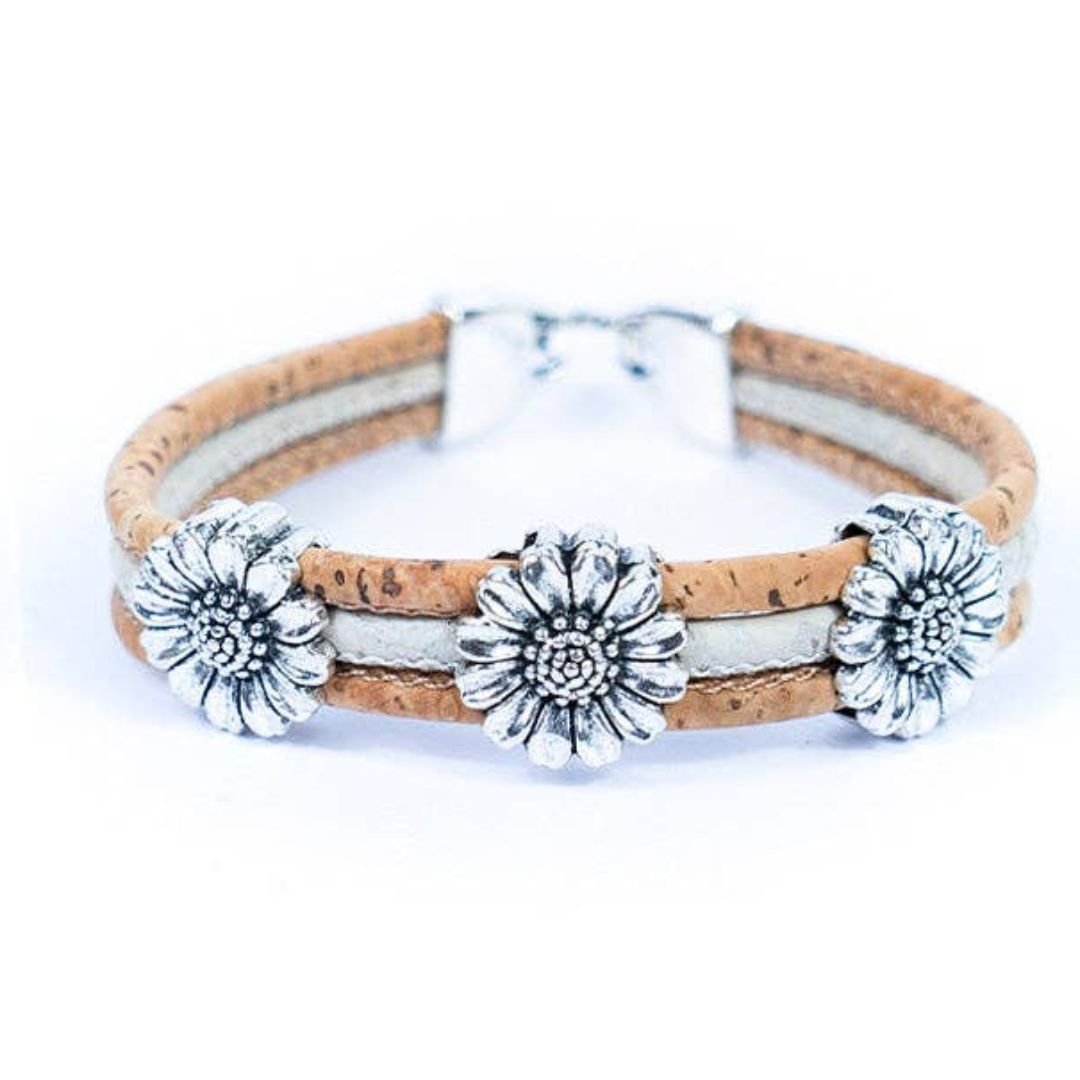 Front of white cork bracelet with chrysanthemum accents from Texas Cork Company