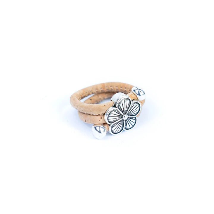 Side view of Adjustable Cork Ring with Flower pendant