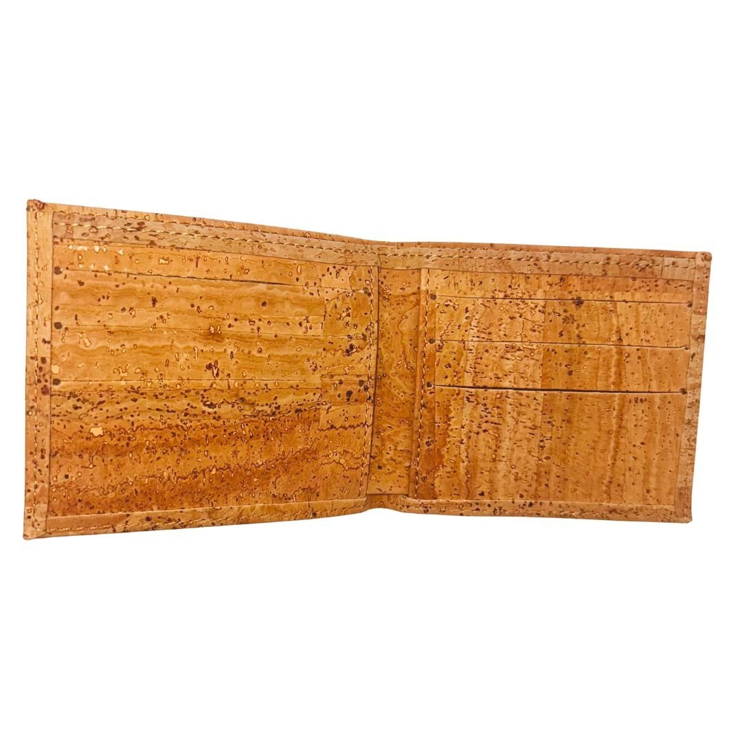 Interior of cork Austin Bifold wallet with six card slots, two hidden pockets, and full-length bill compartment