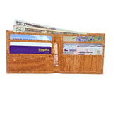Open cork Austin Bifold wallet filled with paper money and credit cards to show storage capacity and organization