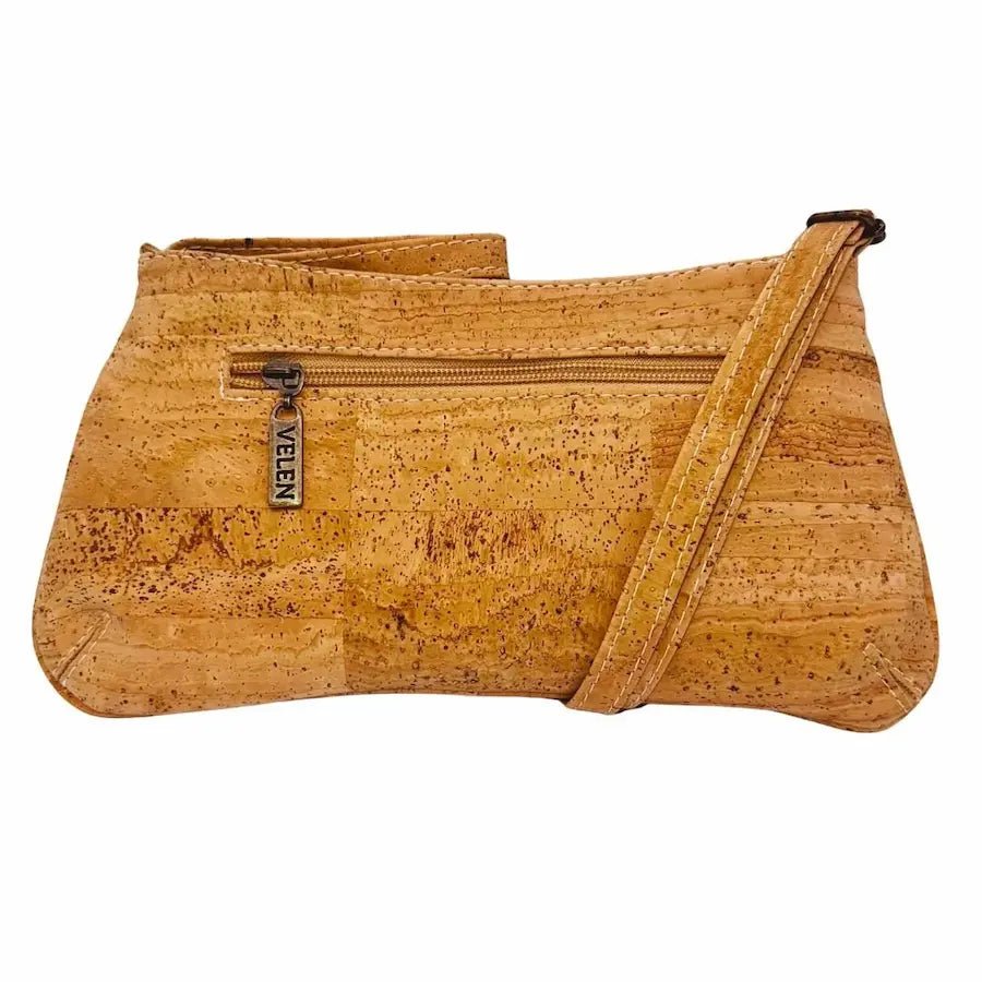 Back of Savannah Cork Crossbody Baguette with zipper pocket on white background