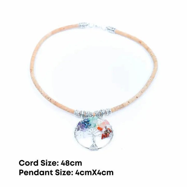 Necklace with a tree of life pendant on a white background with dimensions