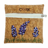 Front of Bluebonnet hand painted Reno coin pouch with almond zipper by Texas Cork Company