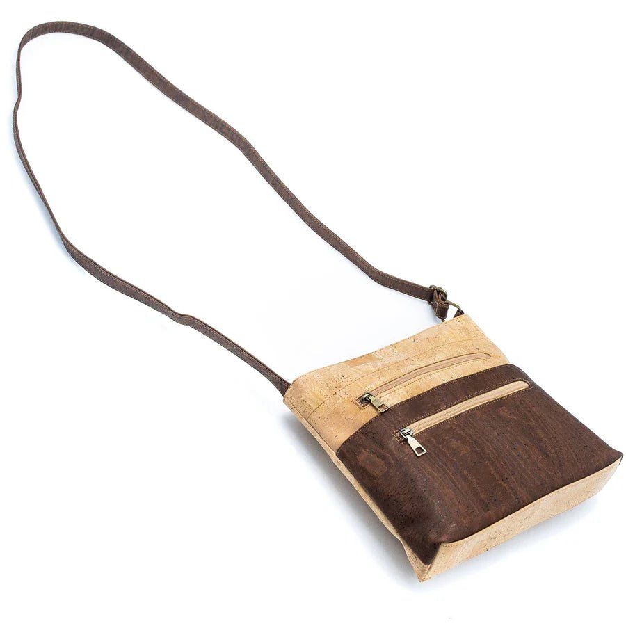 Extended strap view of Two-Toned Cork Crossbody with Large Slip Pocket from Texas Cork Company