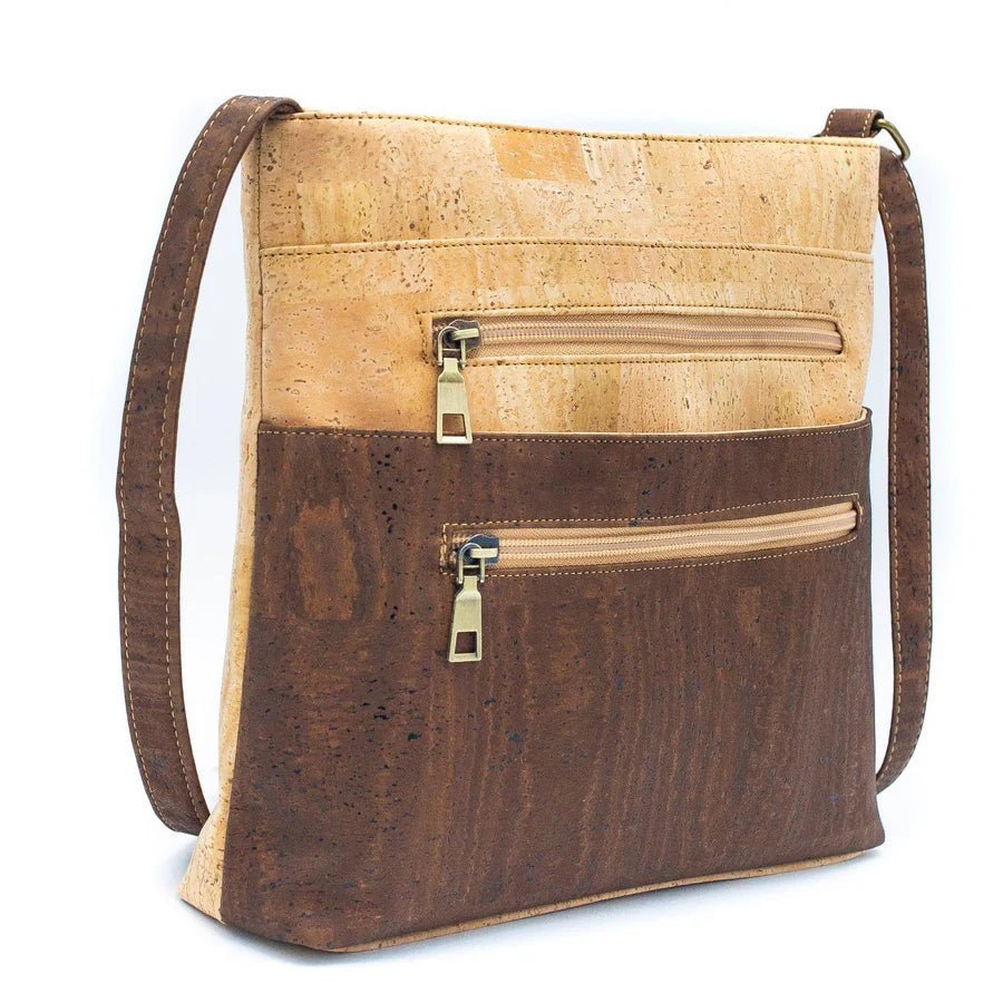Side view of natural & brown Two-Toned Cork Crossbody with Large Slip Pocket from Texas Cork Company