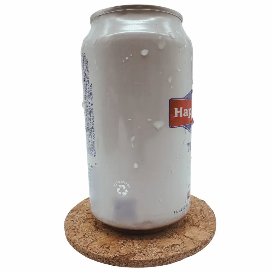 Chunk cork coaster with drink can on it.