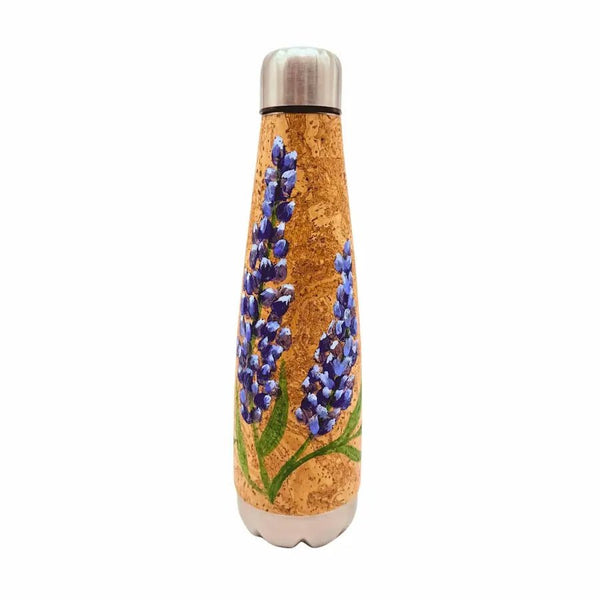 Cork wrapped hydroflask handpainted with blue bonnets.