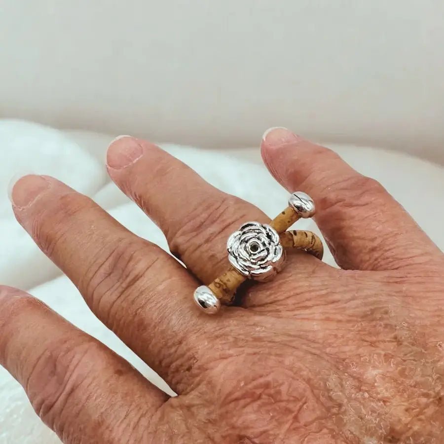 Cork Ring with Dainty Rose charm on hand