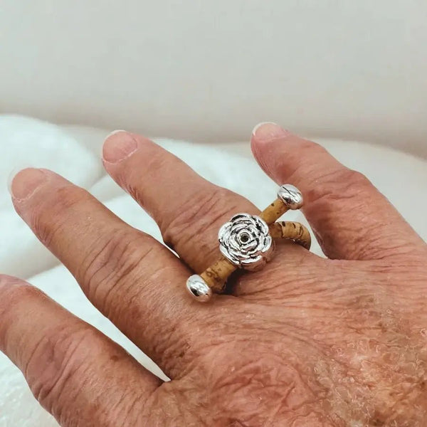 Cork Ring with Dainty Rose charm on hand