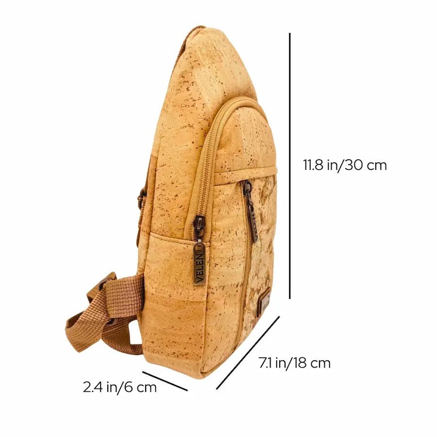 Dimensions of Belmont Sling Chest Bag - also shows side view