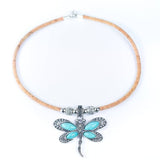 Cork necklace with a dragonfly pendant on a white background