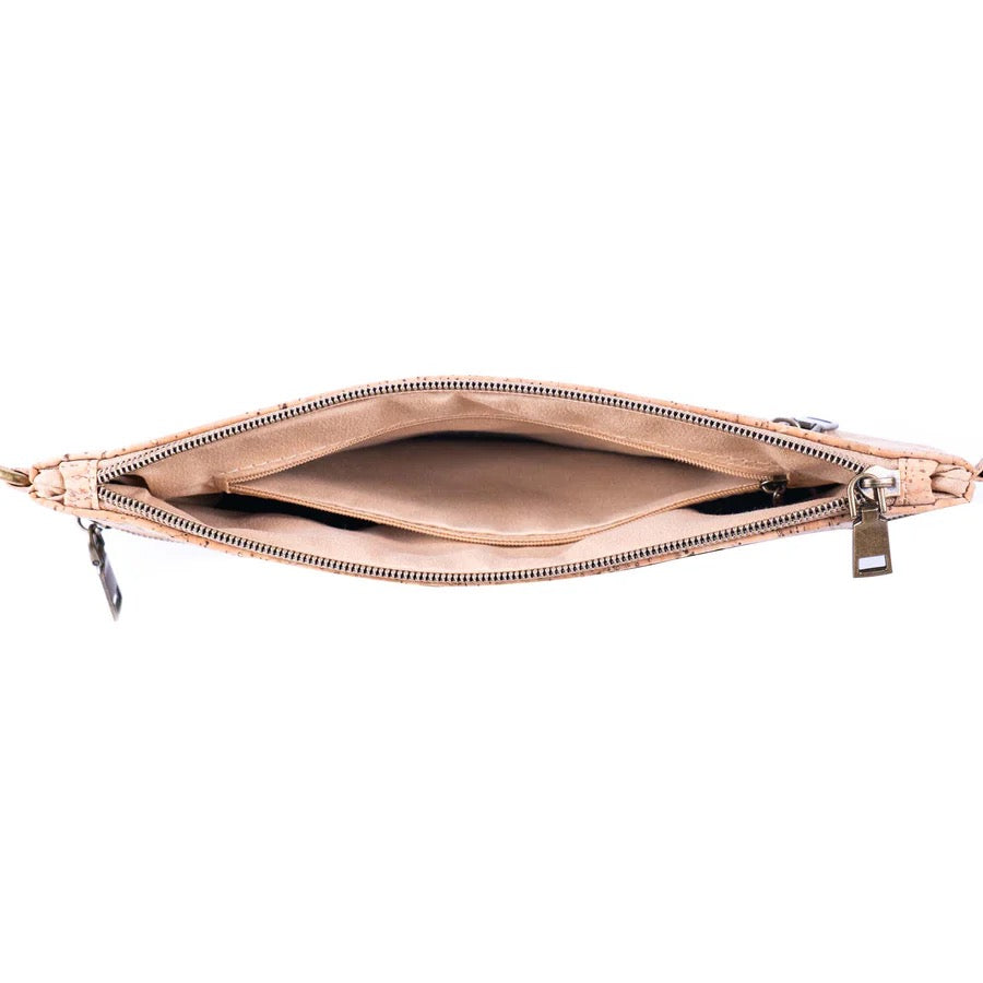 Interior of eco cork crossbody clutch bag with pockets