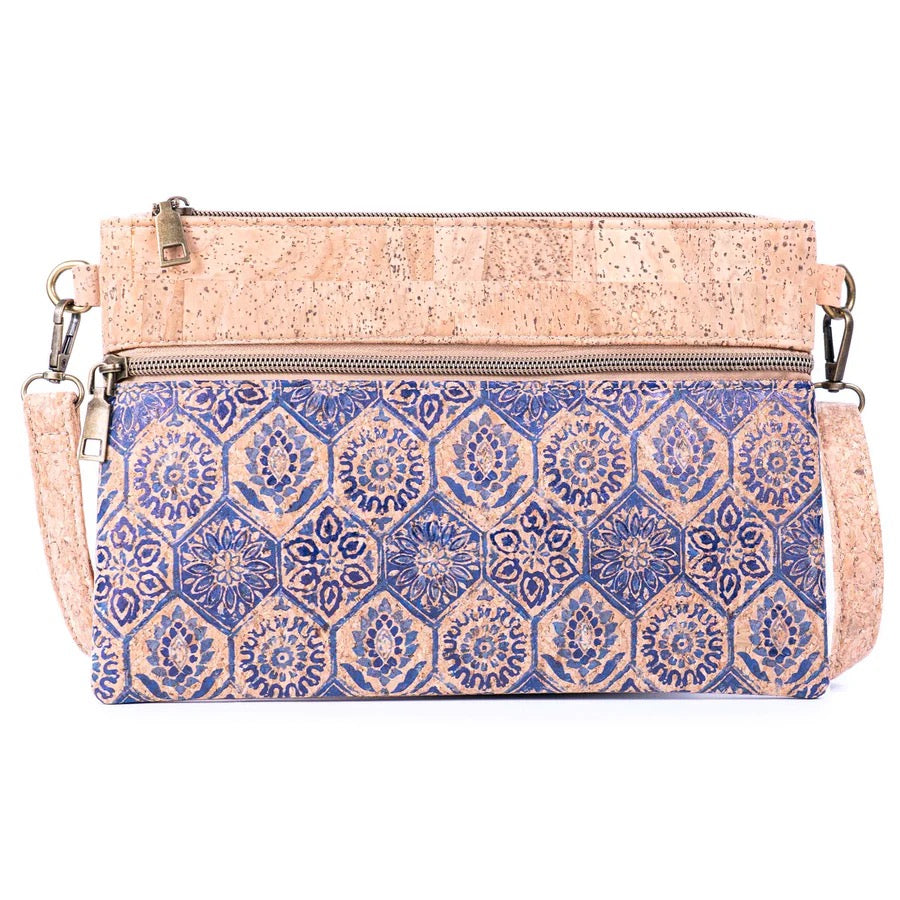 Eco cork crossbody clutch with Blue Tiles print