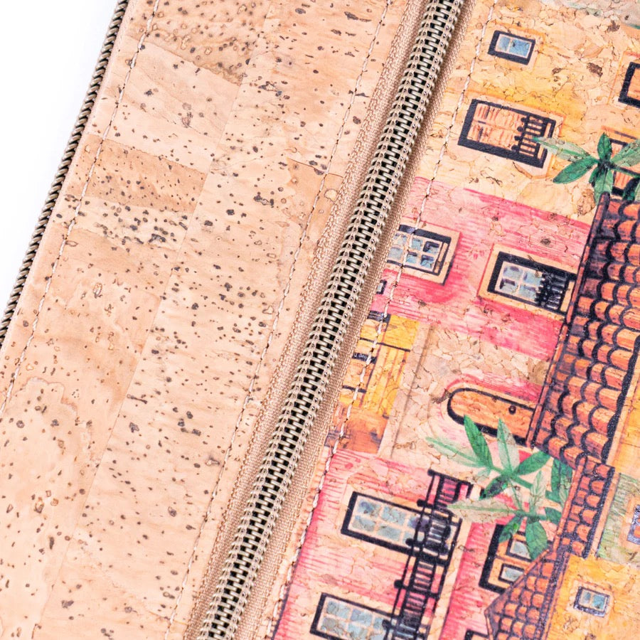 Close-up showing premium cork above the zipper and aggregate cork below the zipper