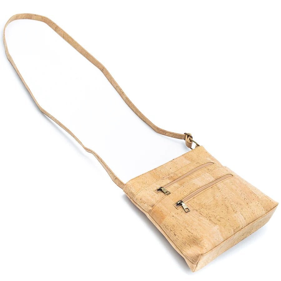 View of strap at longest length for Two-Toned Cork Crossbody with Large Slip Pocket from Texas Cork Company
