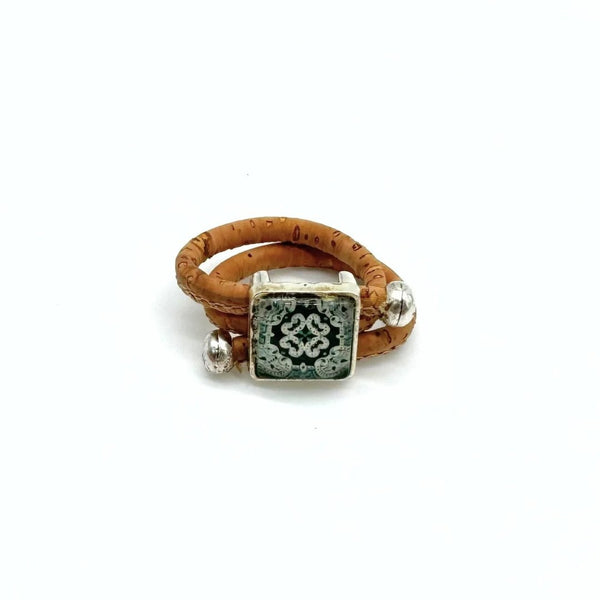 Front view of Vintage Azulejo Tile Pendant ring - square tile shape  from Texas Cork Company