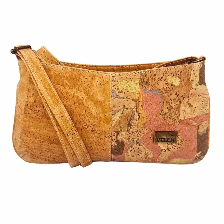 Front view of Savannah Cork Crossbody Baguette in Flamingo and Natural