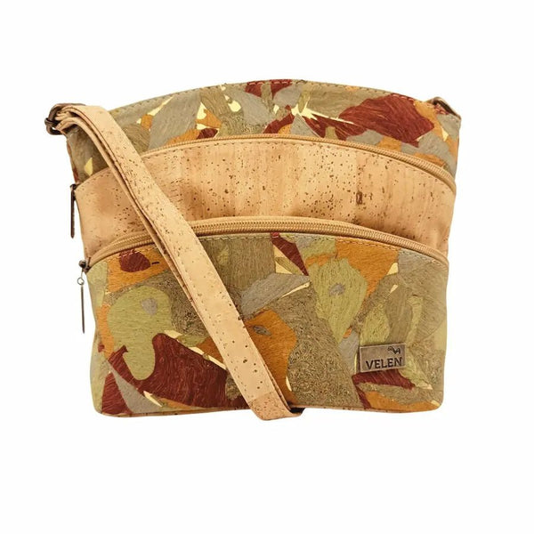 Front view of Dallas Triple Zip Cork Crossbody in Patchwork