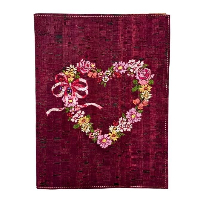 Cork Leather Spiral Cover - front - Maroon with Floral Heart Embroidered