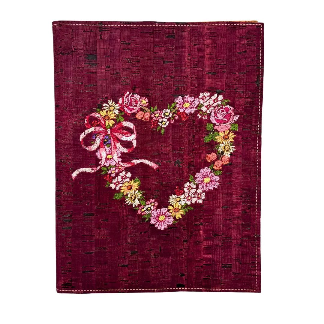 Cork Leather Spiral Cover - front - Maroon with Floral Heart Embroidered
