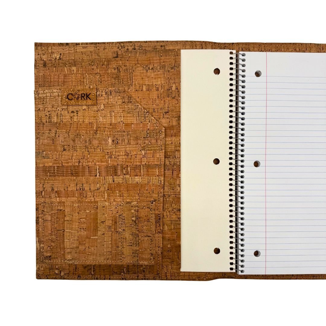 Inside pockets of Cork Spiral Notebook Cover - 1 large pocket, 1 smaller pocket.