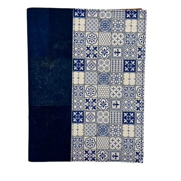 Cork Leather Spiral Cover - front - Navy with Blue Tiles accent on right border on a white background