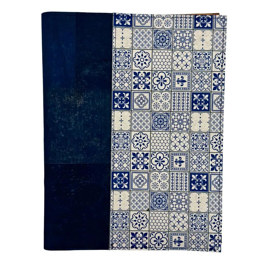 Cork Leather Spiral Cover - front - Navy with Blue Tiles accent on right border