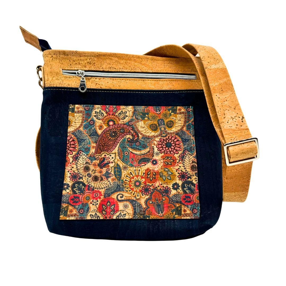 Front of Navy with Print Pocket concealed carry crossbody bag by Texas Cork Company