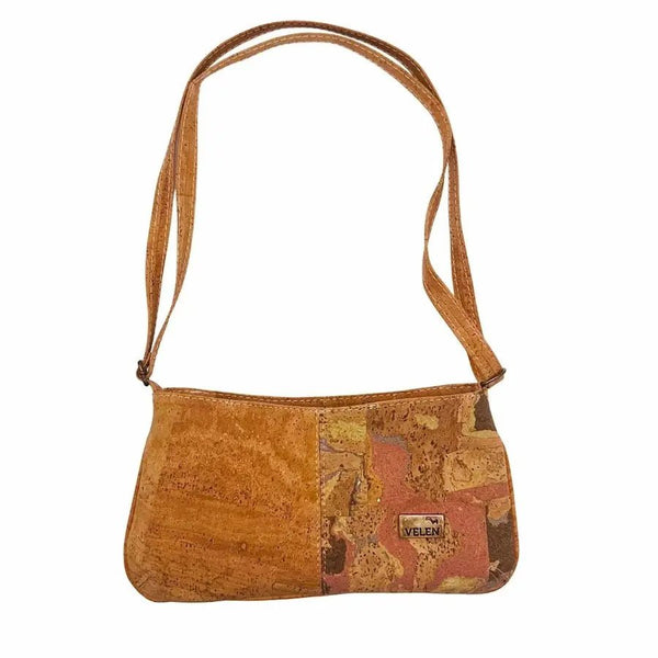 view of Savannah Cork Crossbody Baguette with strap at shortest length