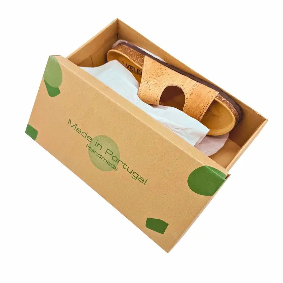 Open box with a two-strap sandal inside.