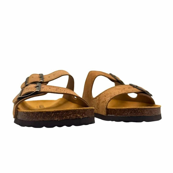 Pair of brown two-strap sandals with cork sole on a white background - straight front view