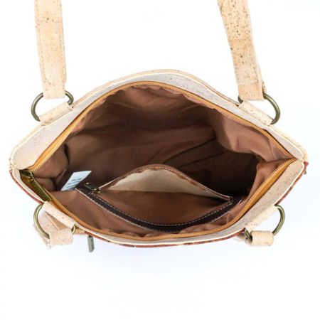 Inside of Vegan Cork Shoulder Bag showing zip internal pocket and main compartment
