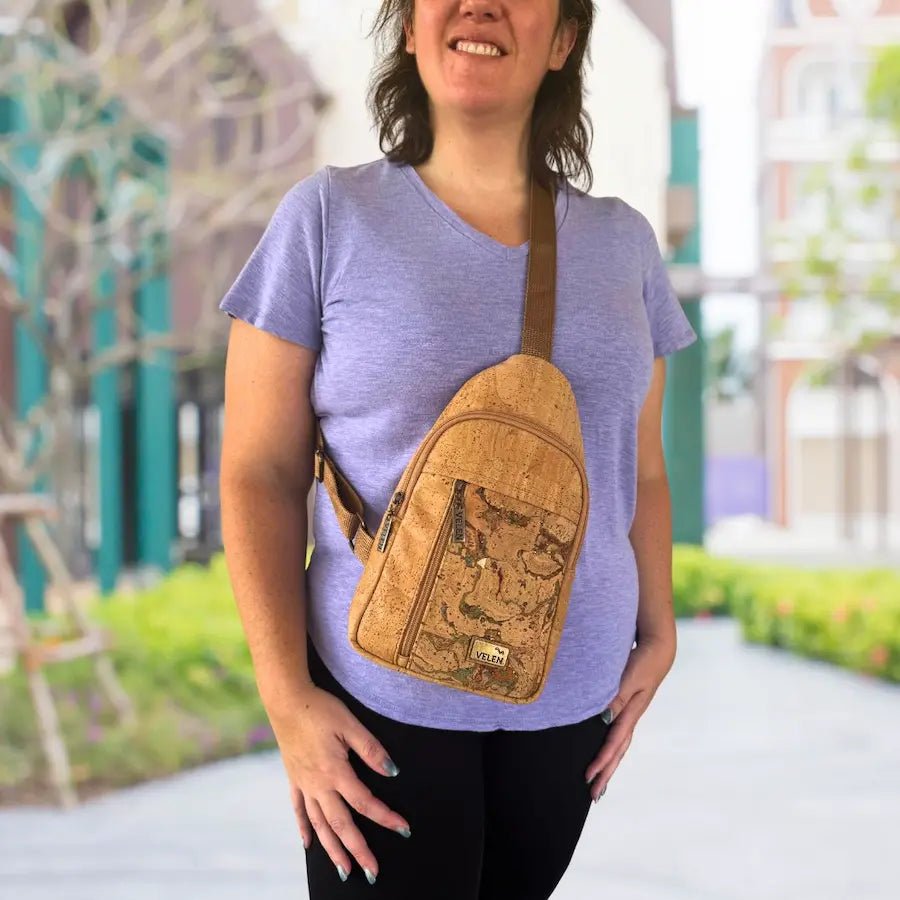 Woman wearing the Belmont chest bag