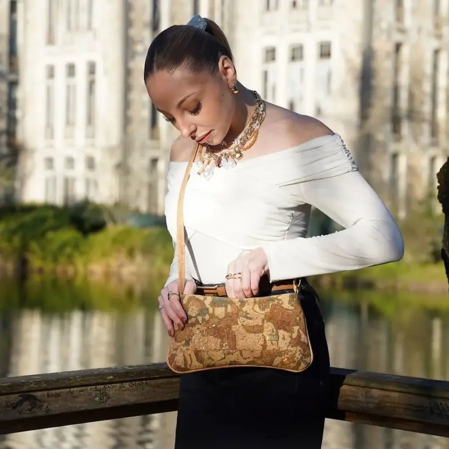 Woman wearing Savannah Cork Crossbody Baguette