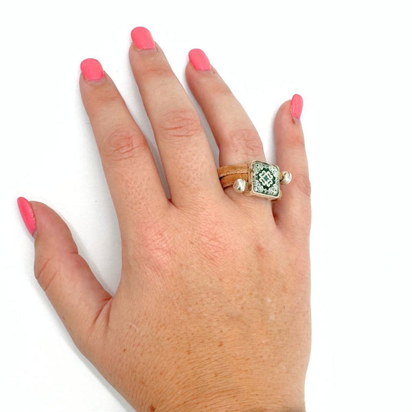 Vintage Azulejo Tile Pendant ring on woman's hand from Texas Cork Company