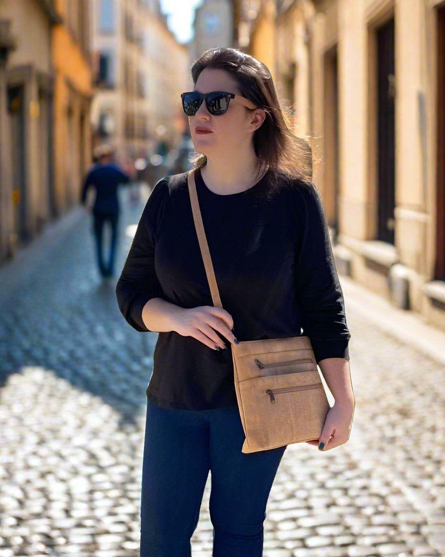 Woman wearing Two Toned Cork Crossbody Purse with Large Slip Pocket from Texas Cork Company