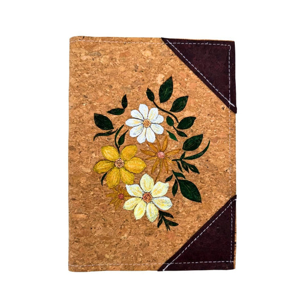 Hand-Painted Cork Leather Notebook Cover with Refillable Notepad - Floral Bouquet - Yellow, White